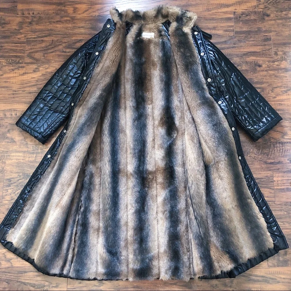 SOLD vintage • 80s Furrrina quilted long coat black brown faux fur puffer maxi - Picture 7 of 13